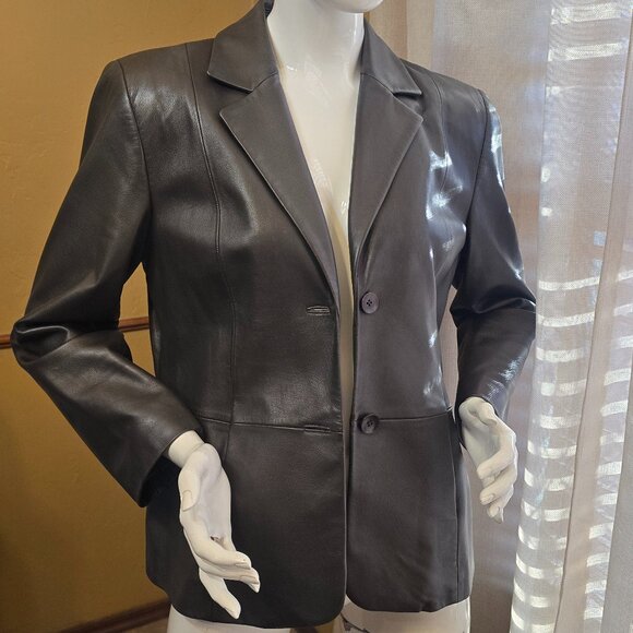 Vintage VALERIE STEVENS Deep Brown Leather Blazer Petite L - Picture 1 of 7
